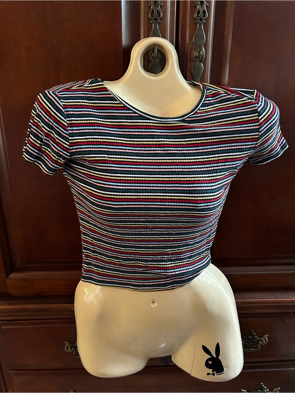 Striped Ribbed Short-Sleeve Crop Top — Multi